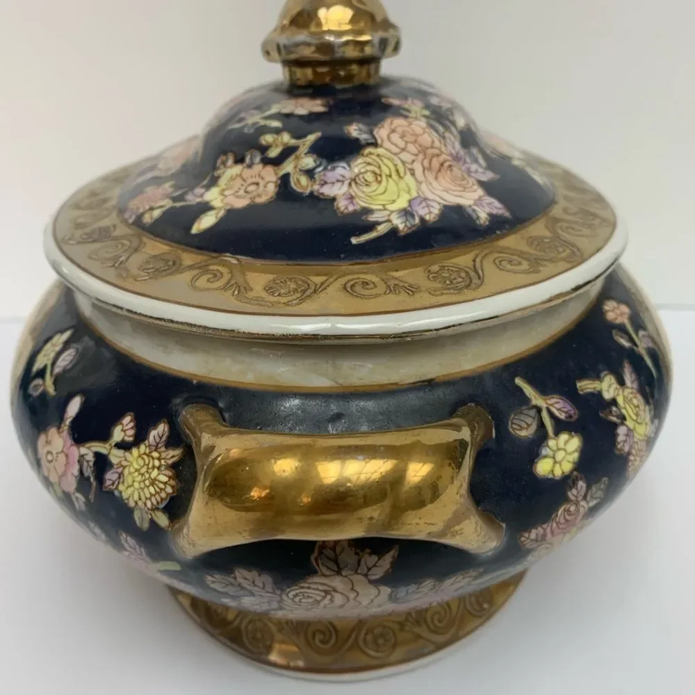 Antique Hand-Painted Porcelain Tureen Chinoiserie Satsuma style Blue Gold Gilt